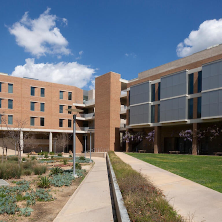 A long concrete pathway leading to a large brick building 