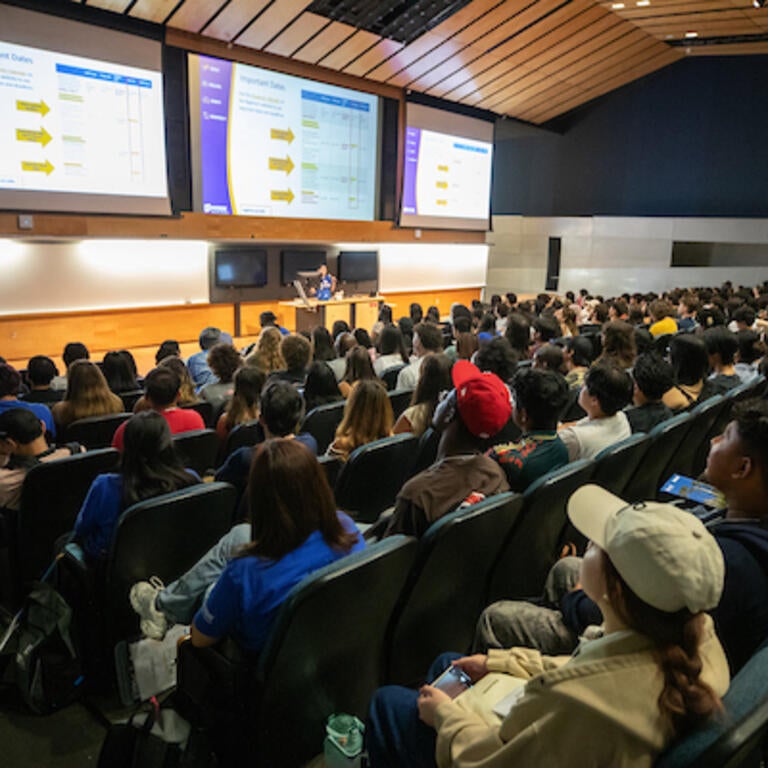 Students sit in a large lecture hall with three large projection screens
