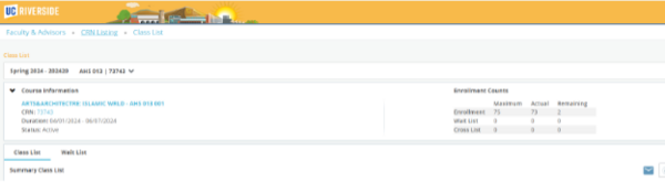 A screenshot showing the Enrollment Count and waitlist options in iGrade