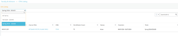 A screenshot of the Course List navigation in iGrade that shows how to toggle terms.